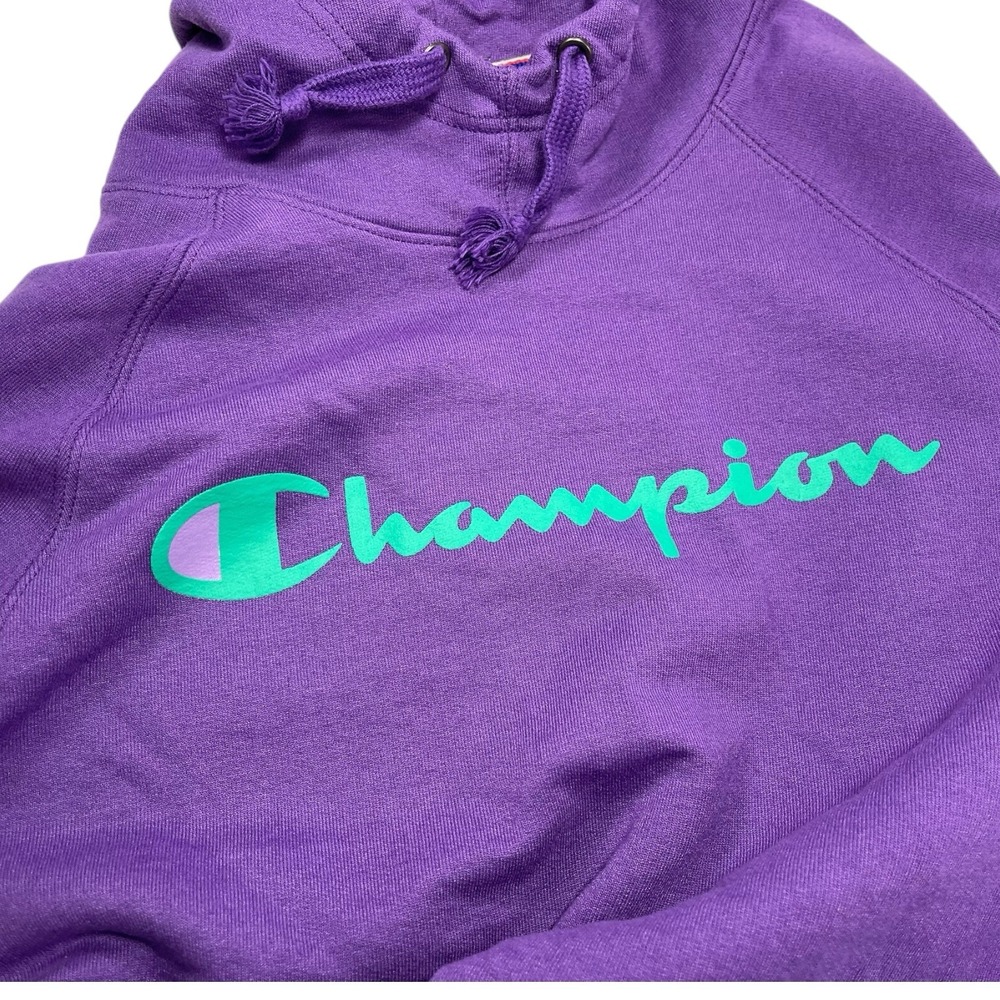 Champion L Purple Hoodie Teal Logo Raglan Pullover Sportswear Streetwear Retro‎ - Picture 7 of 8